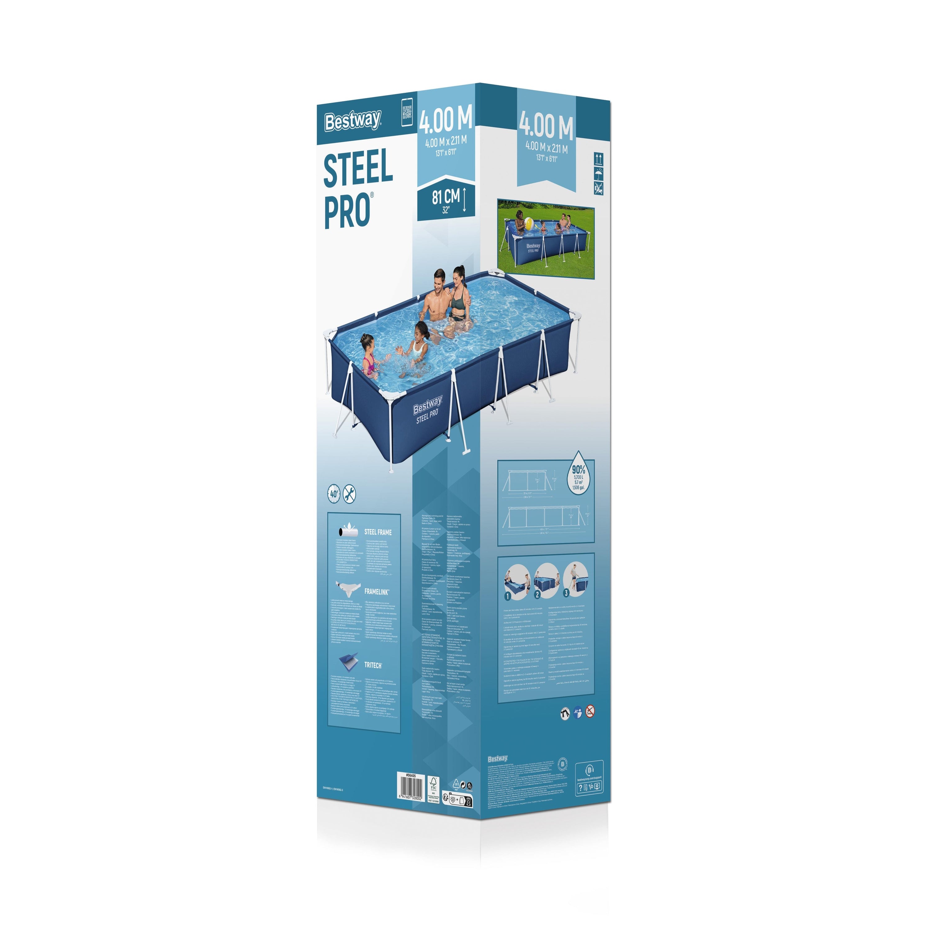 Bestway 56405 Piscina Fuori Terra Steel Pro 400 x 211 x 81 cm Cap. 5.700 Lt. Predisposta Per Pompa Filtro