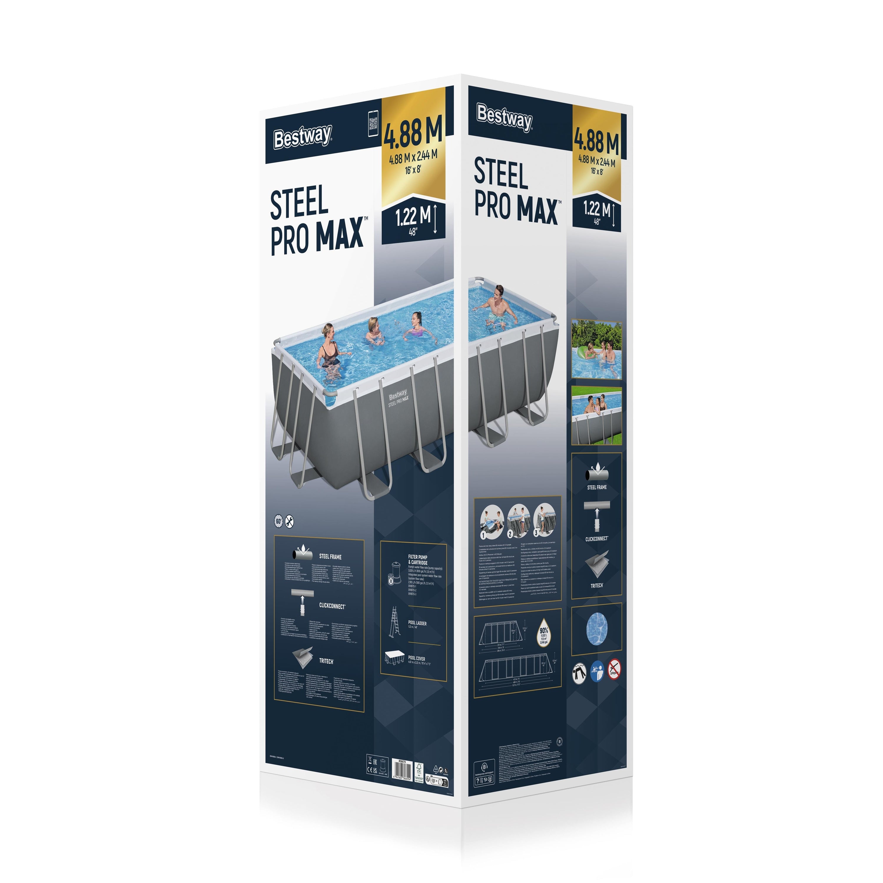 Bestway 56670 Set Piscina Fuori Terra Power Steel da 4.88mx2.44mx1.22m Cap. 11,532 Lt. Pompa Filtro Da 3.028 Lt/H