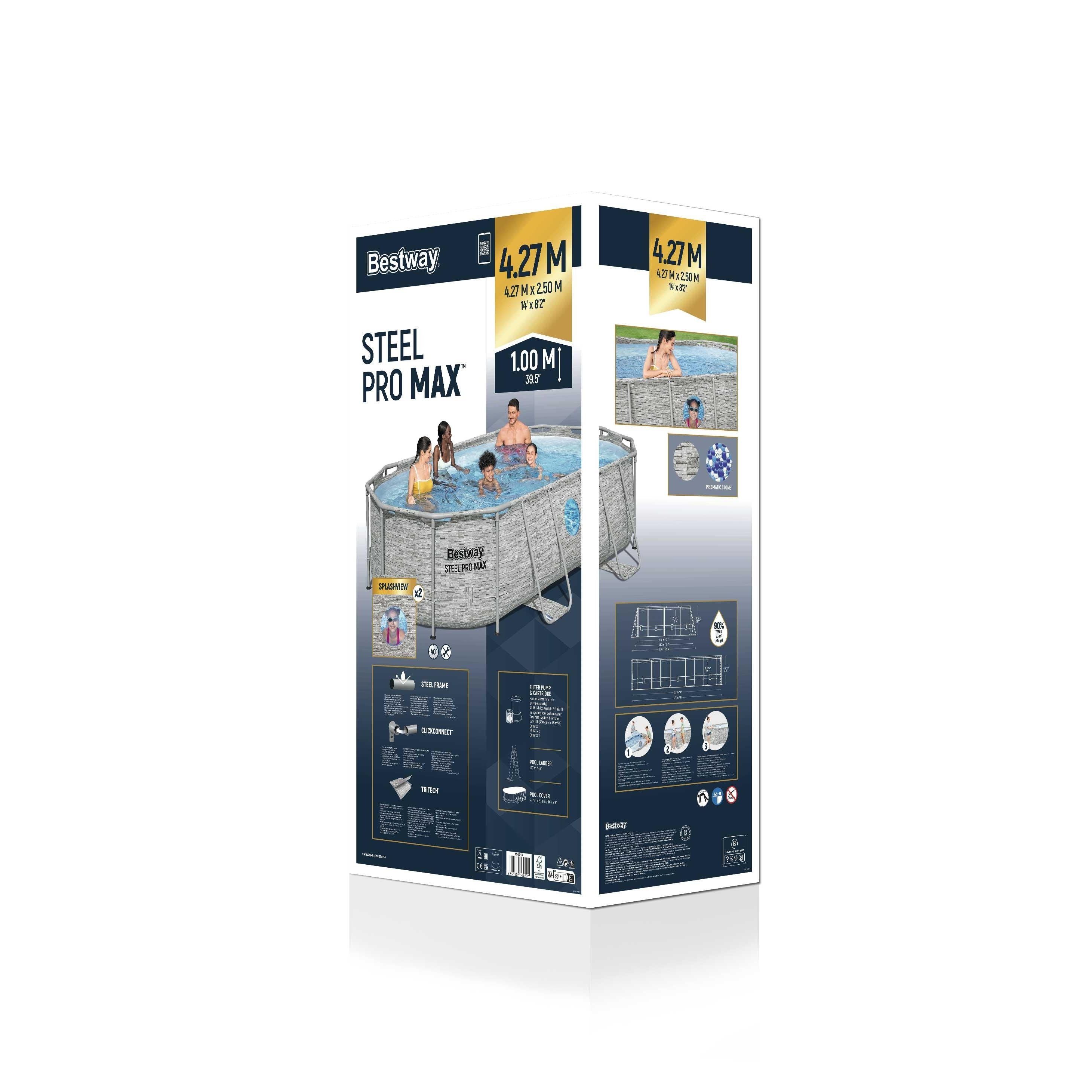 Bestway 56714 Piscina Power Steel Swim Vista Ovale Con Oblò, 4,27mx2,50mx1,00m Colore Pietra Grigia