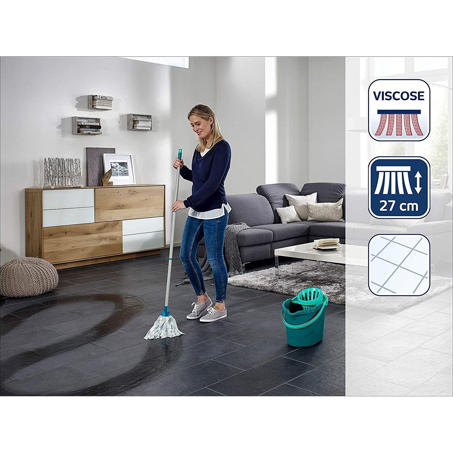 Leifheit Classic Set Mop Pavimenti in Viscosa con Fibre Assorbenti, con Secchio