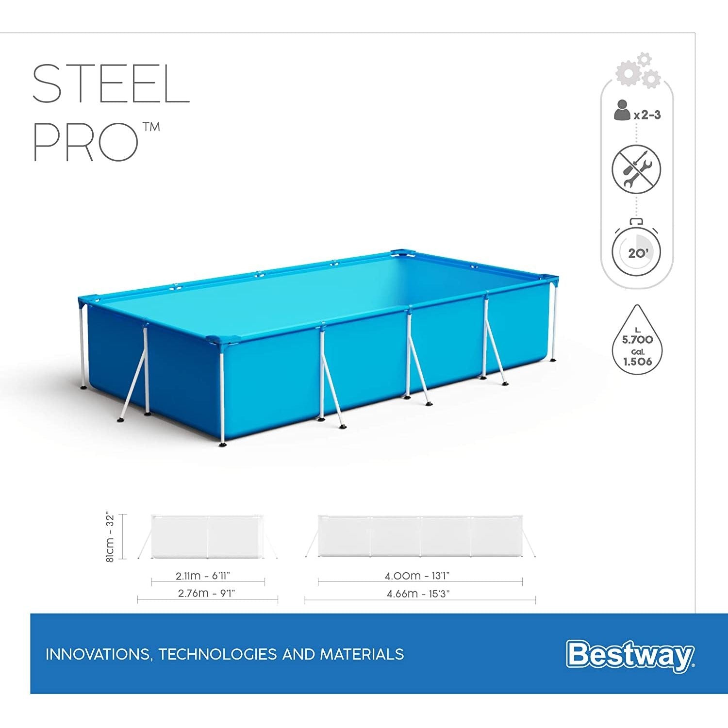 Bestway 56405 Piscina Fuori Terra Steel Pro 400 x 211 x 81 cm Cap. 5.700 Lt. Predisposta Per Pompa Filtro