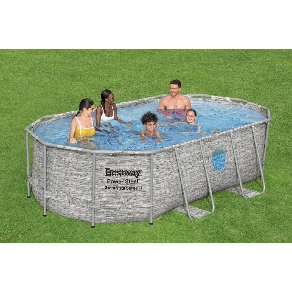 Bestway 56714 Piscina Power Steel Swim Vista Ovale Con Oblò, 4,27mx2,50mx1,00m Colore Pietra Grigia
