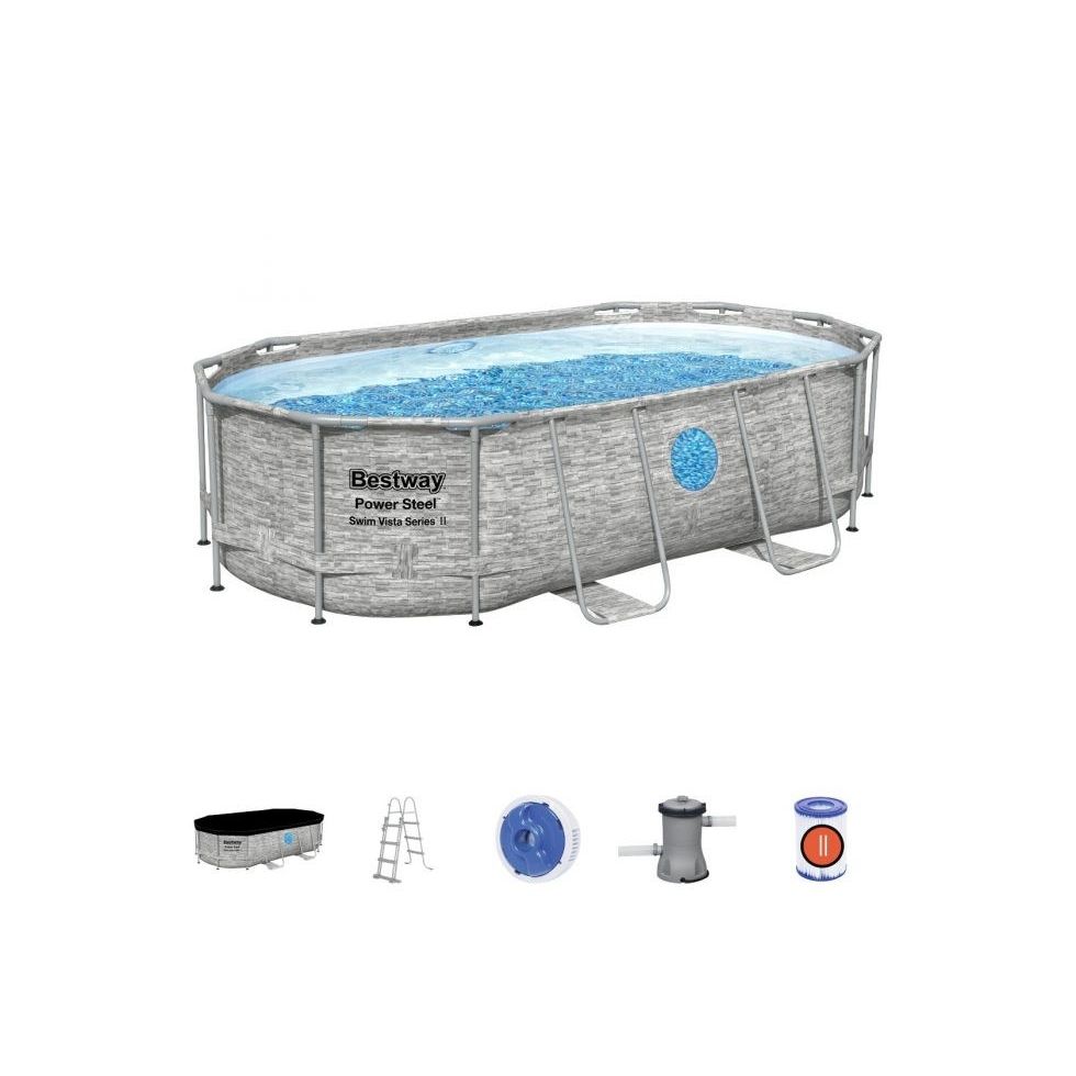 Bestway 56714 Piscina Power Steel Swim Vista Ovale Con Oblò, 4,27mx2,50mx1,00m Colore Pietra Grigia