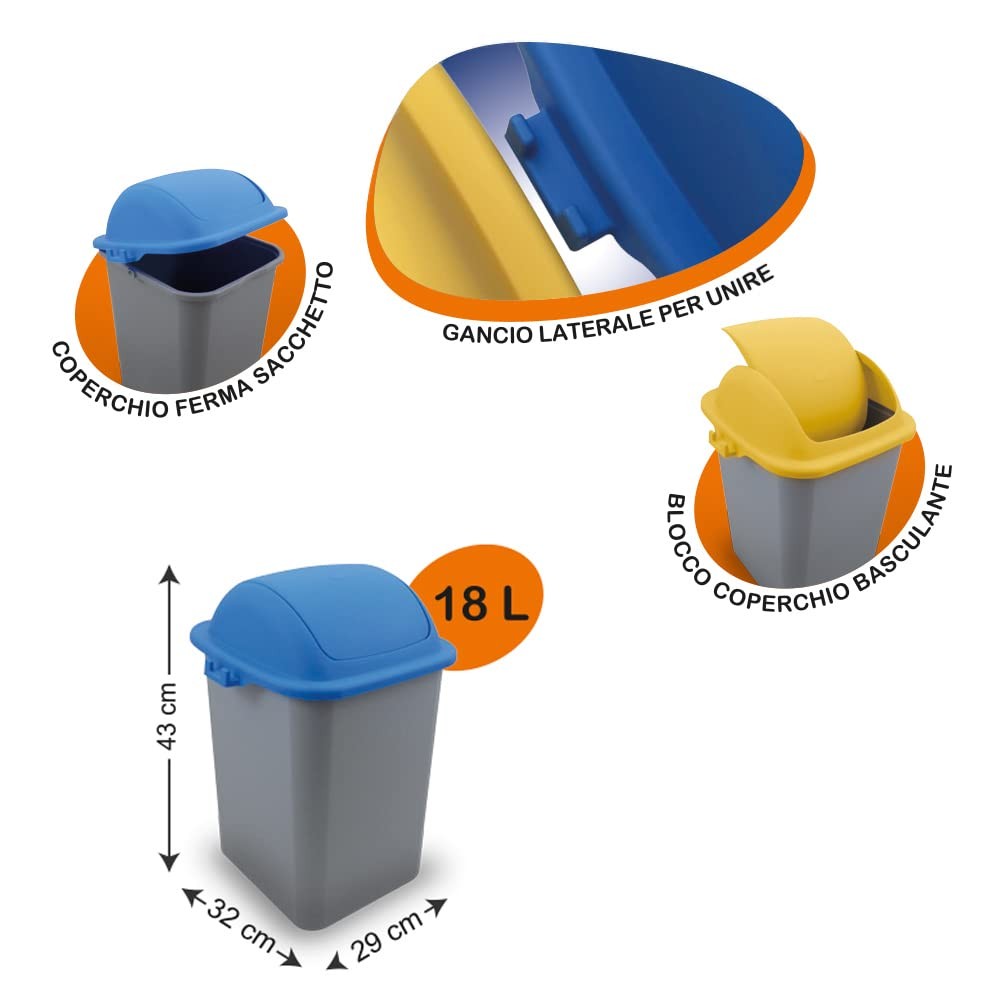 INCA Tris Pattumiere con Coperchio Oscillante 18 L Blu,Giallo,Verde Raccolta Differenziata Pattumiera da 6 Lt Inclusa Nel Tris