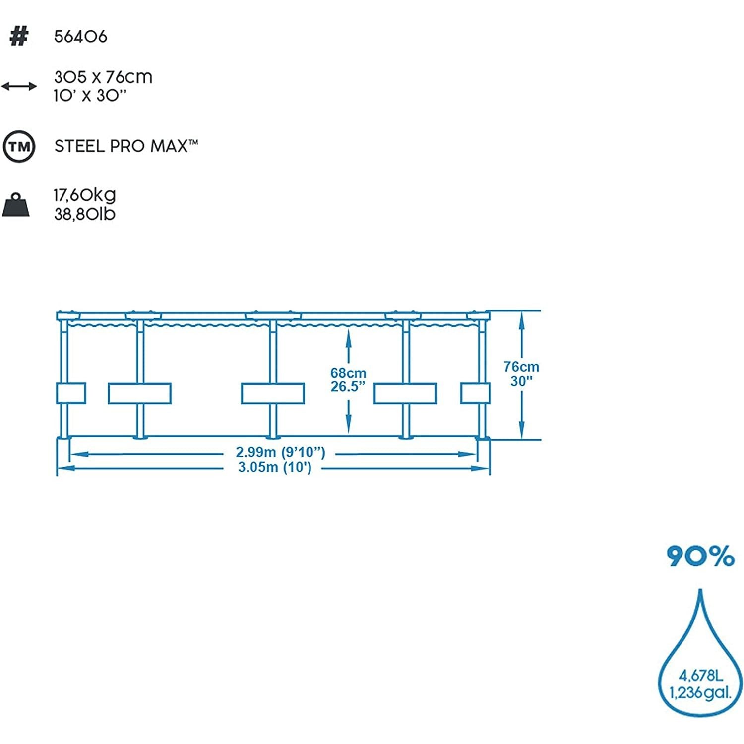 Bestway 56406 Piscina Fuori Terra Steel Pro Max 305 x 76 cm Cap. 4.678 Lt