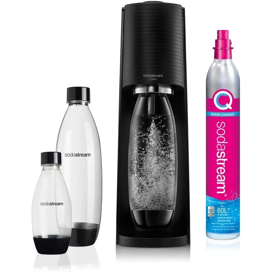 Sodastream Terra Megapack , Gasatore + 3 Bottiglie + Nuovo Clindro, Nero