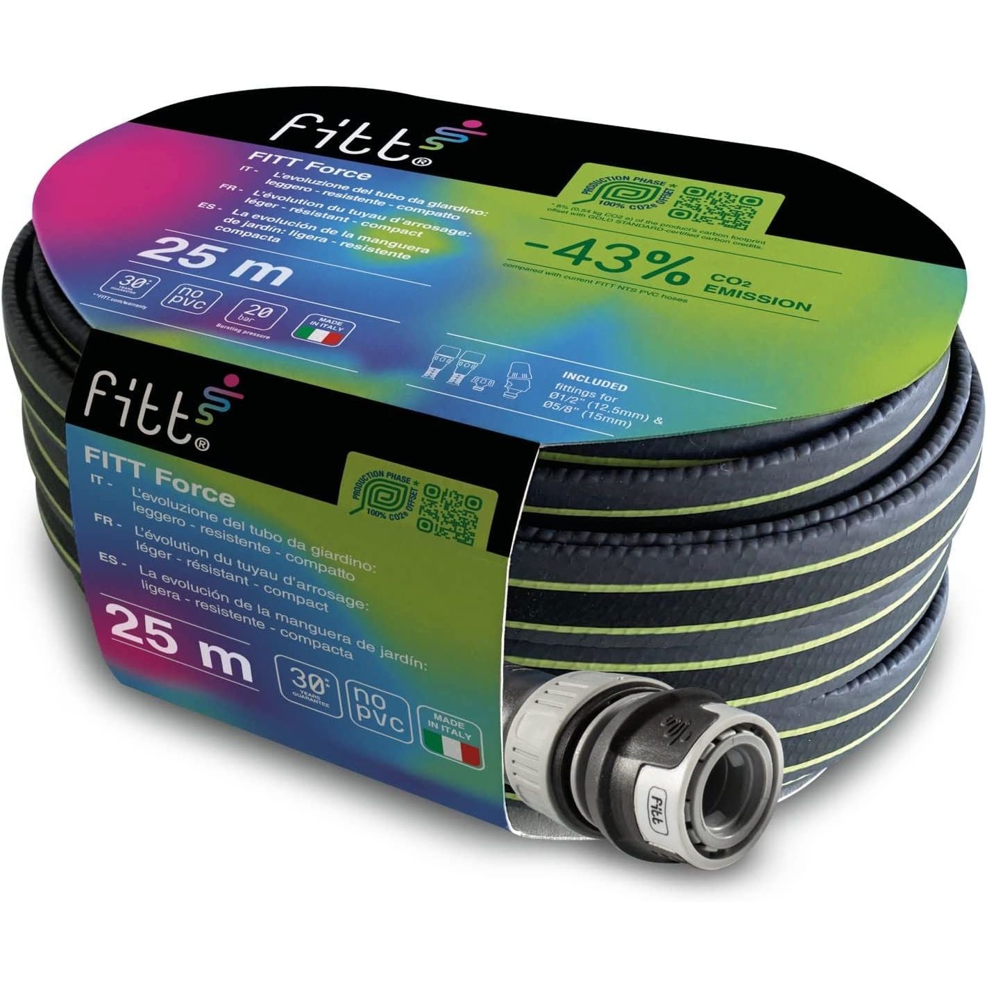 Fitt Force Tubo Acqua Per Irrigazione Giardino, Leggero, Resistente E Compatto, Per Uso Intensivo, Con Lancia, Colore Grey 25 M