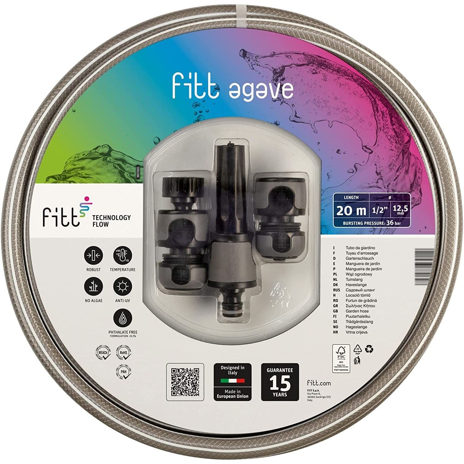 Fitt Agave Tubo 1/2" Acqua Per Irrigazione Da Giardino, Robusto, Per Uso Frequente Con Kit Accessori 20 M