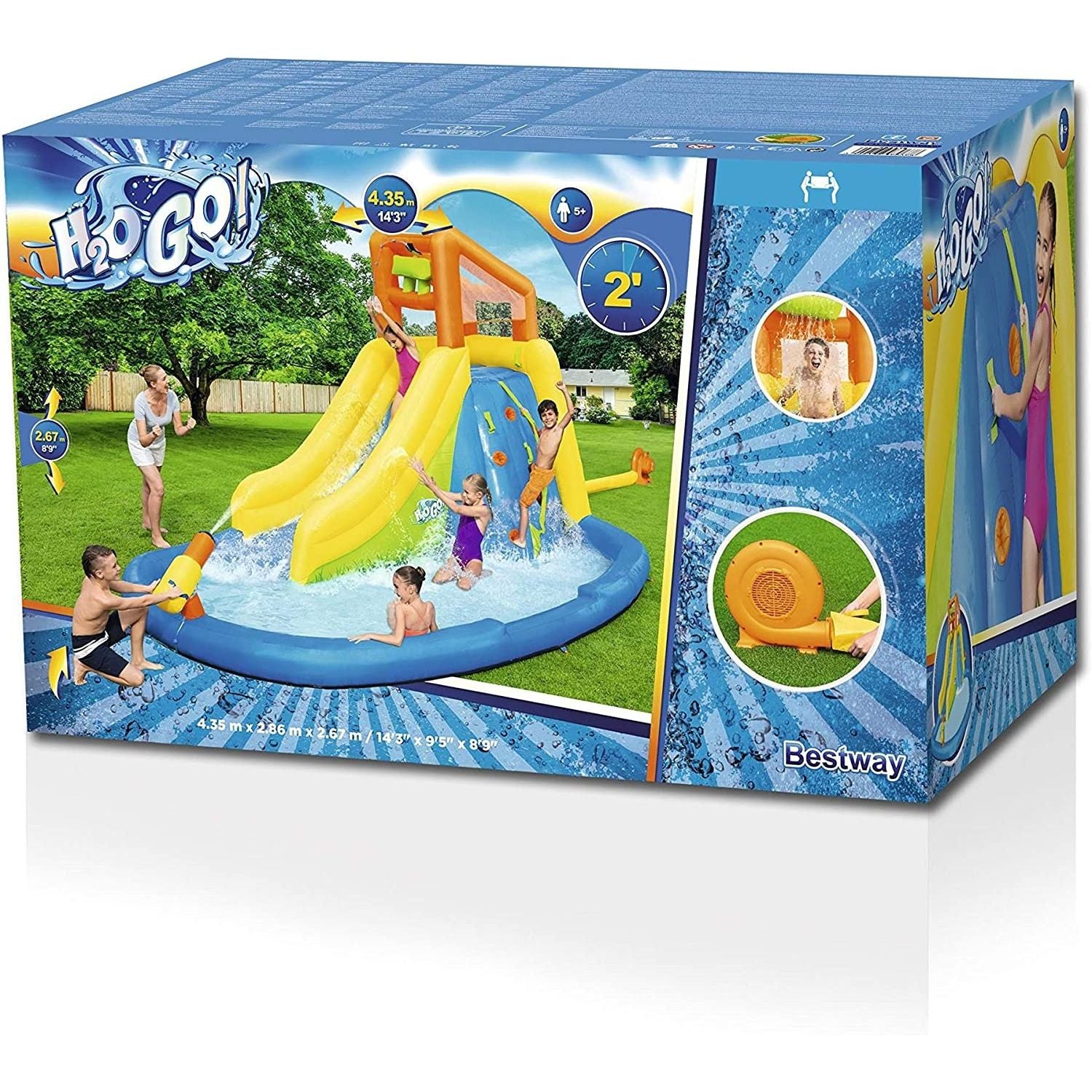 Bestway Parco Acquatico Mega Mount,Cm. 435X286X267,Con Scivolo Spruzzi Vari Piscinetta, Cannone Spara Acqua,Con Motore Incluso