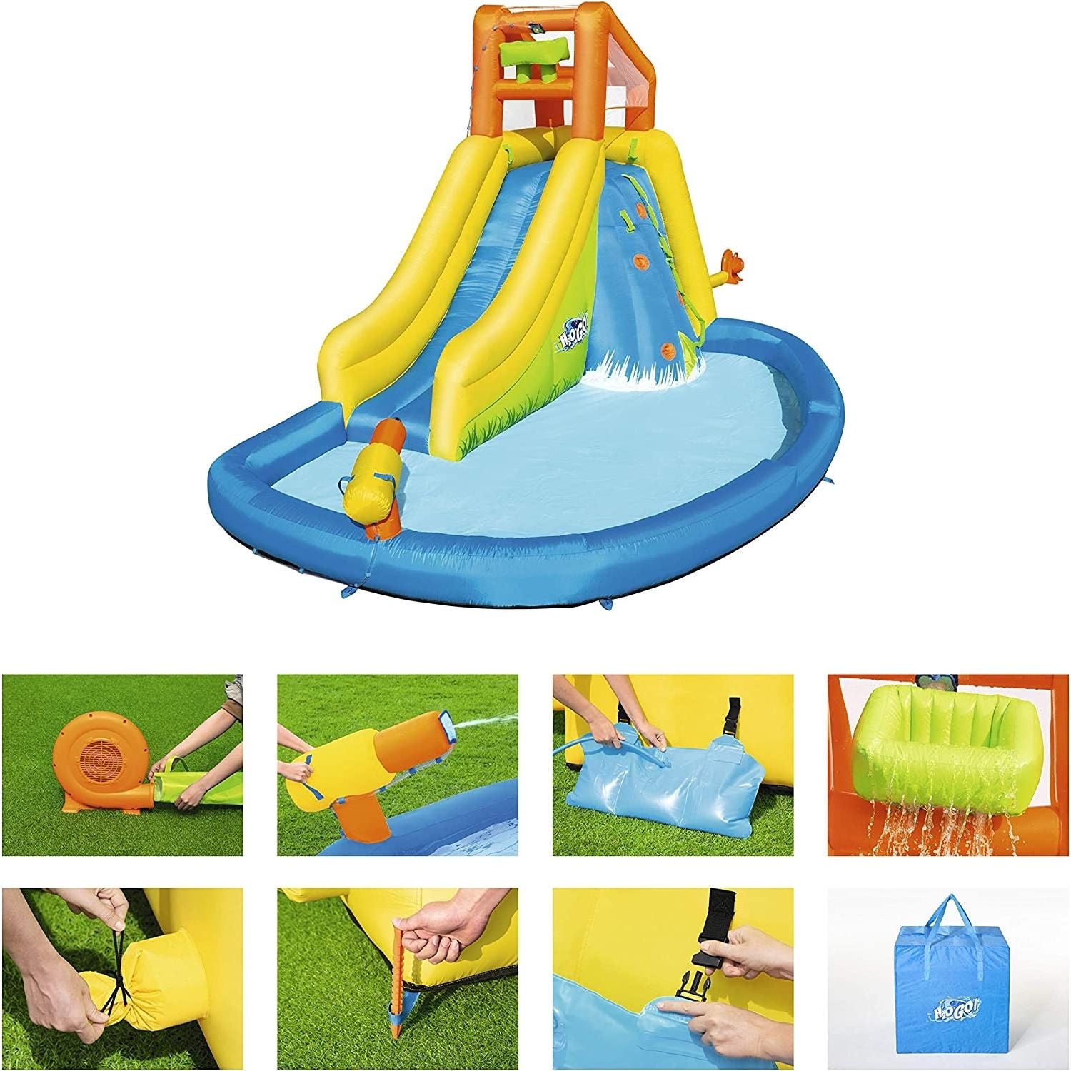 Bestway Parco Acquatico Mega Mount,Cm. 435X286X267,Con Scivolo Spruzzi Vari Piscinetta, Cannone Spara Acqua,Con Motore Incluso