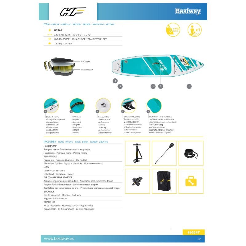 Bestway SUP Gonfiabile Aqua Glider Hydro-Force Con Tecnologia TravelTech 3,20 m