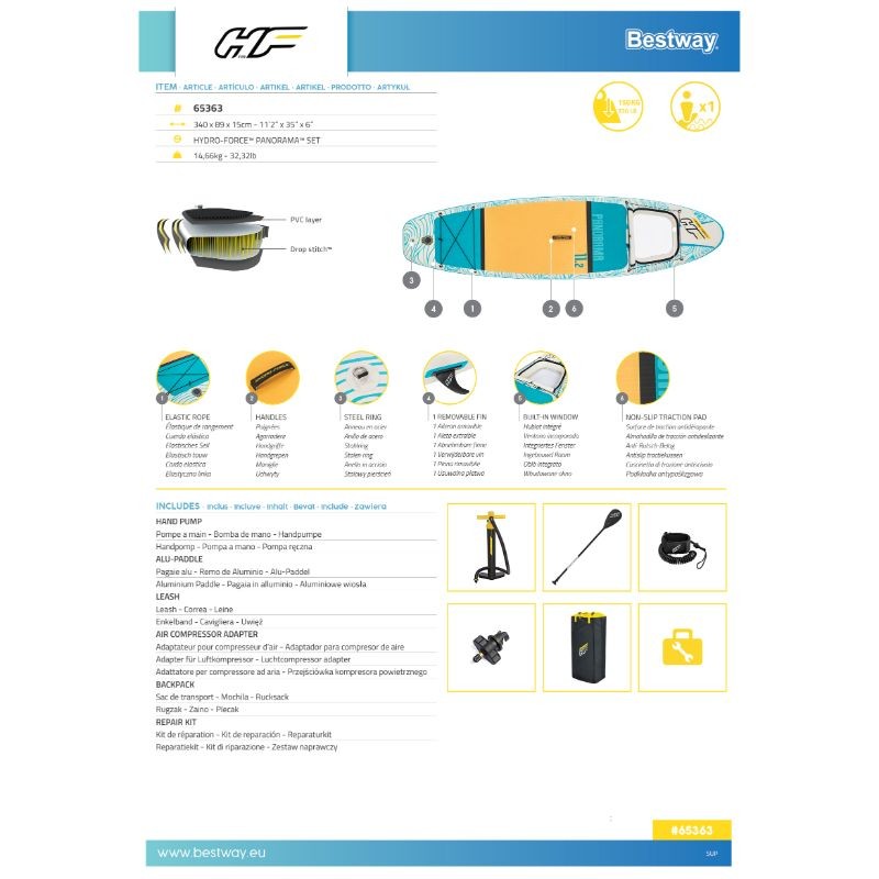Bestway SUP Hydro-Force Set Gonfiabile Panorama Con Oblo'