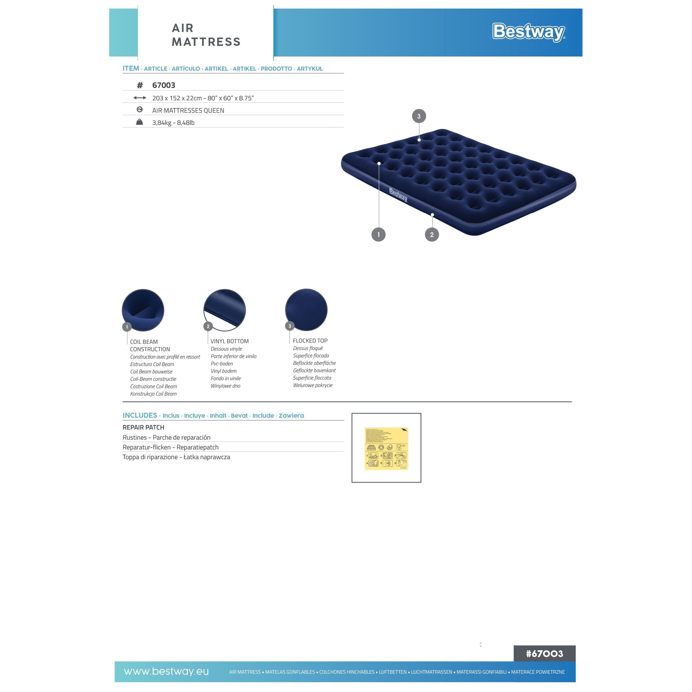 Bestway 67003 Materasso Gonfiabile Matrimoniale 2,03 m x 1,52 m x 22 cm