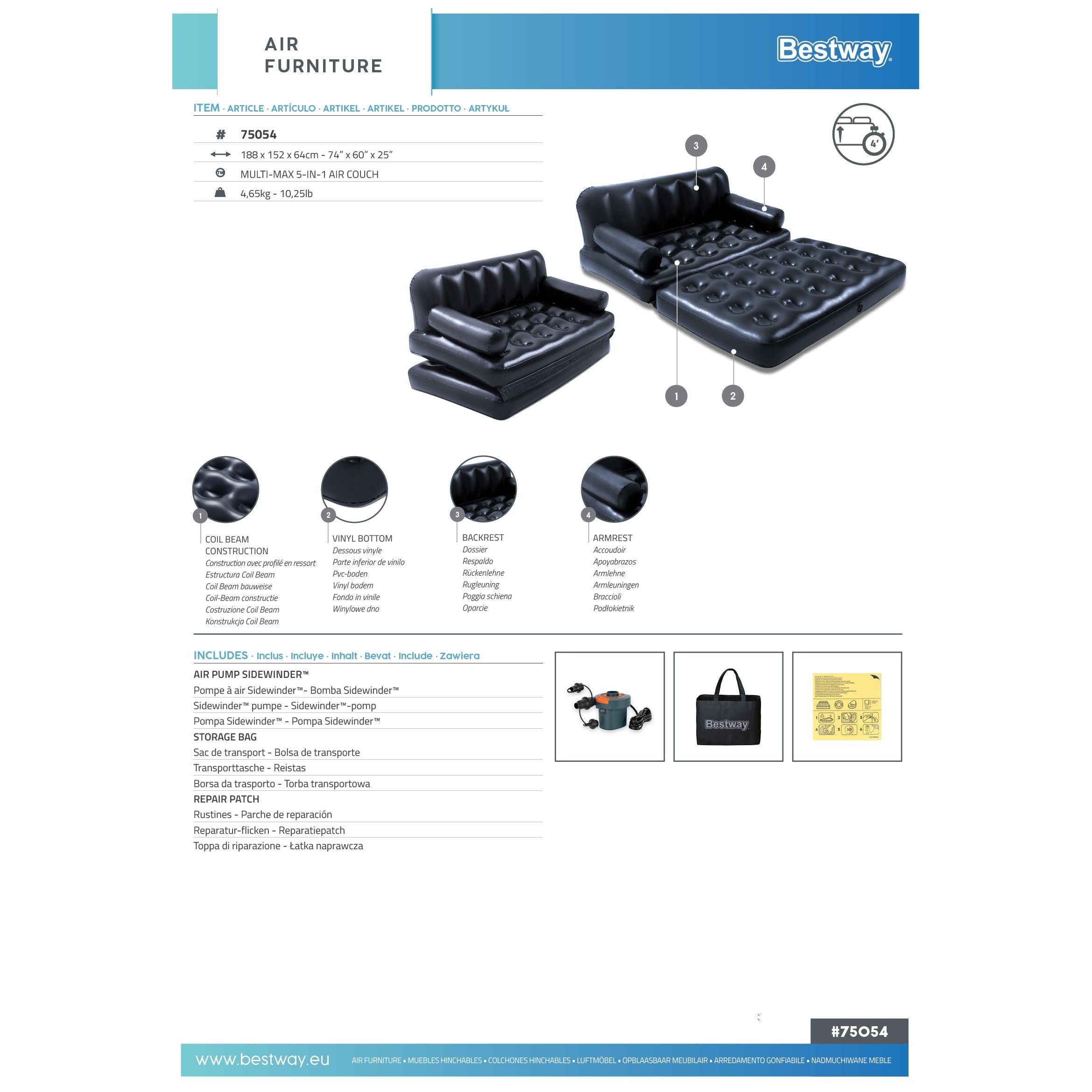 Bestway Divano Gonfiabile 5 Posizioni In 1 Colore Nero Cm. 188X152X64 Con Sacca Per Trasporto