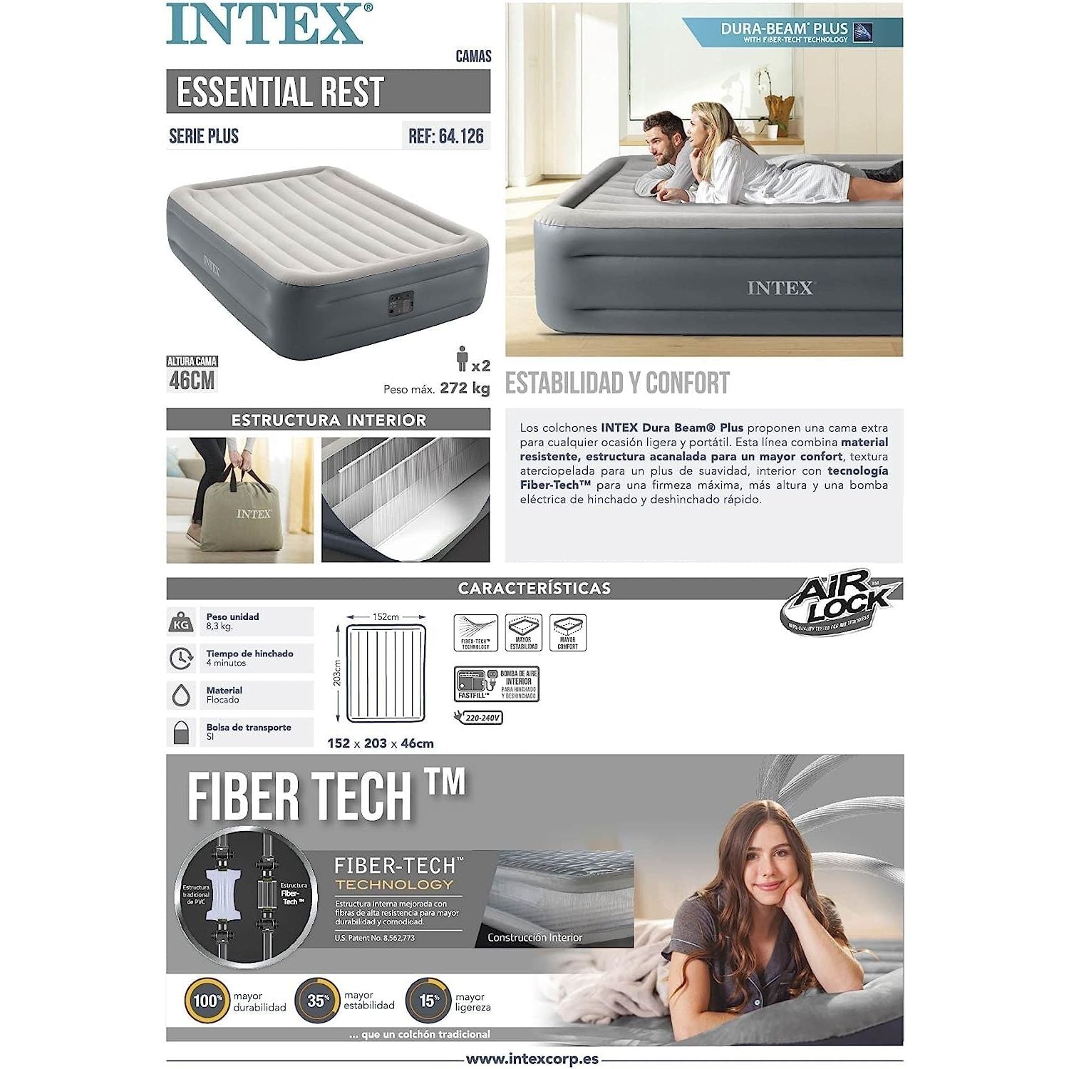 Intex 64126 Materasso Matrimoniale Airbed Dura Beam Con Tecnologia Fiber Tech, Pompa Elettrica Incorporata, cm 152x203x46