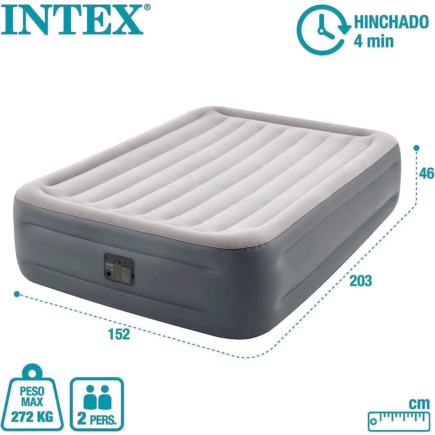Intex 64126 Materasso Matrimoniale Airbed Dura Beam Con Tecnologia Fiber Tech, Pompa Elettrica Incorporata, cm 152x203x46