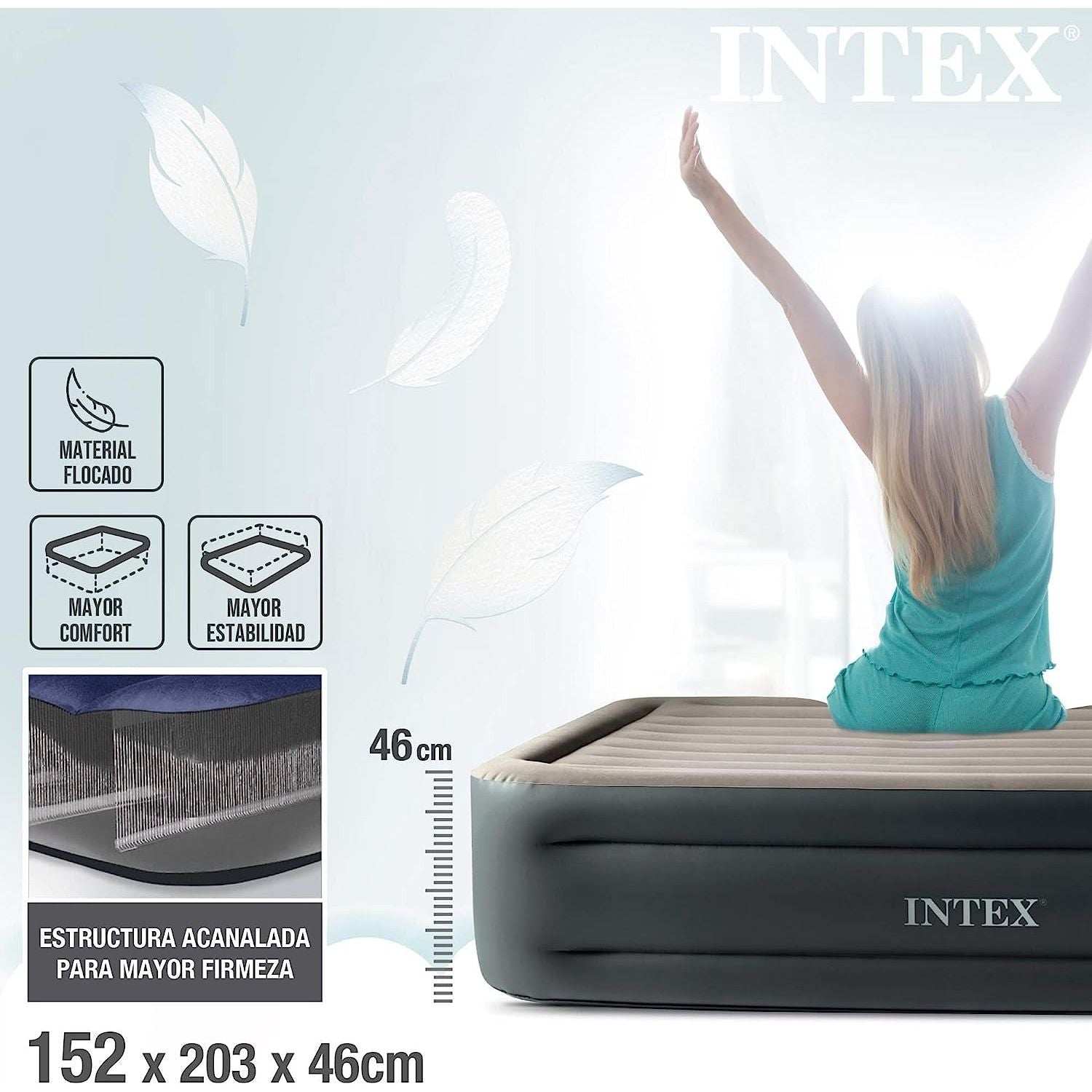 Intex 64126 Materasso Matrimoniale Airbed Dura Beam Con Tecnologia Fiber Tech, Pompa Elettrica Incorporata, cm 152x203x46