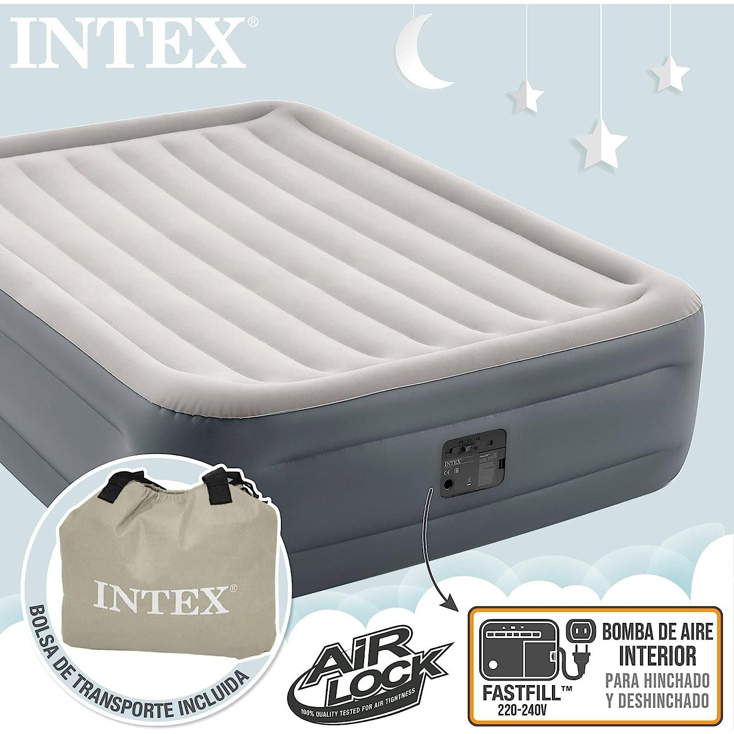 Intex 64126 Materasso Matrimoniale Airbed Dura Beam Con Tecnologia Fiber Tech, Pompa Elettrica Incorporata, cm 152x203x46