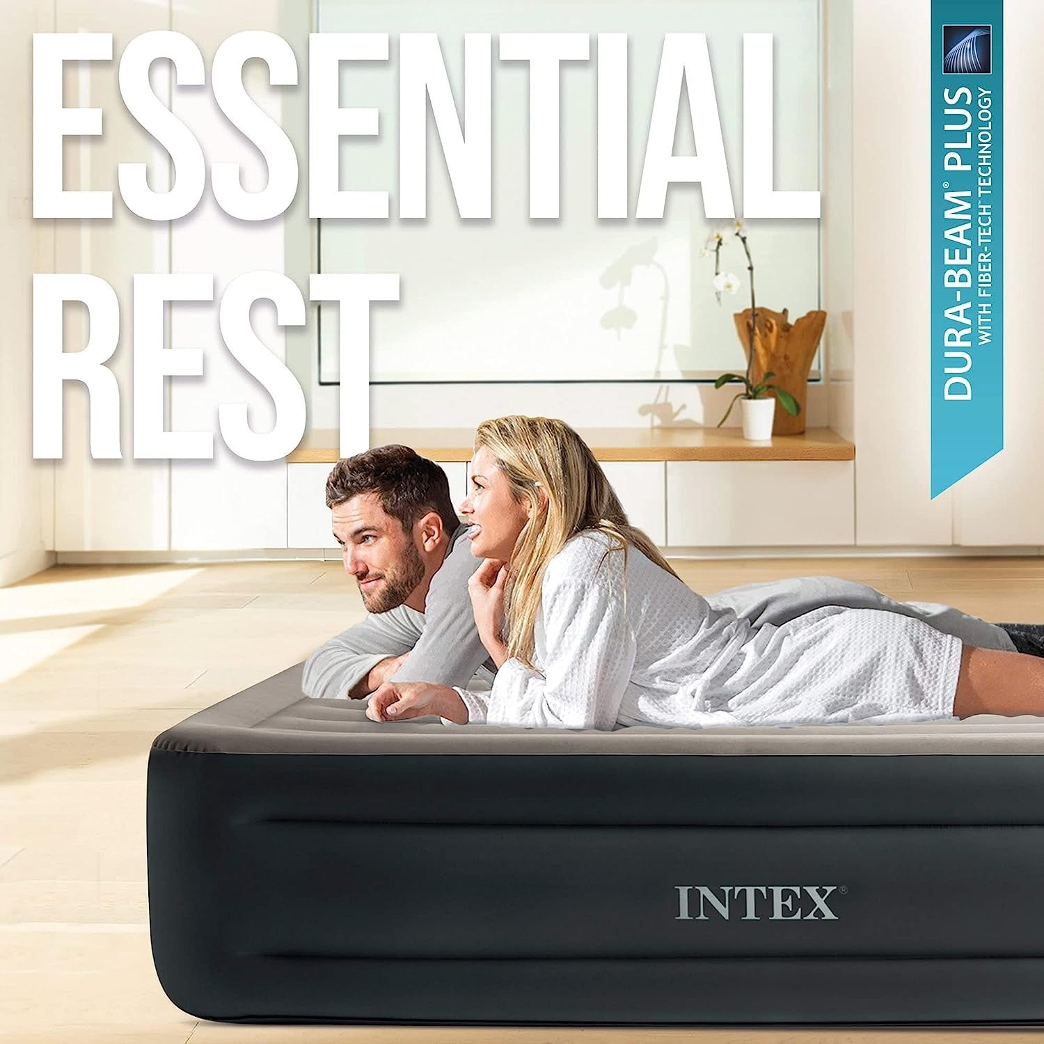 Intex 64126 Materasso Matrimoniale Airbed Dura Beam Con Tecnologia Fiber Tech, Pompa Elettrica Incorporata, cm 152x203x46