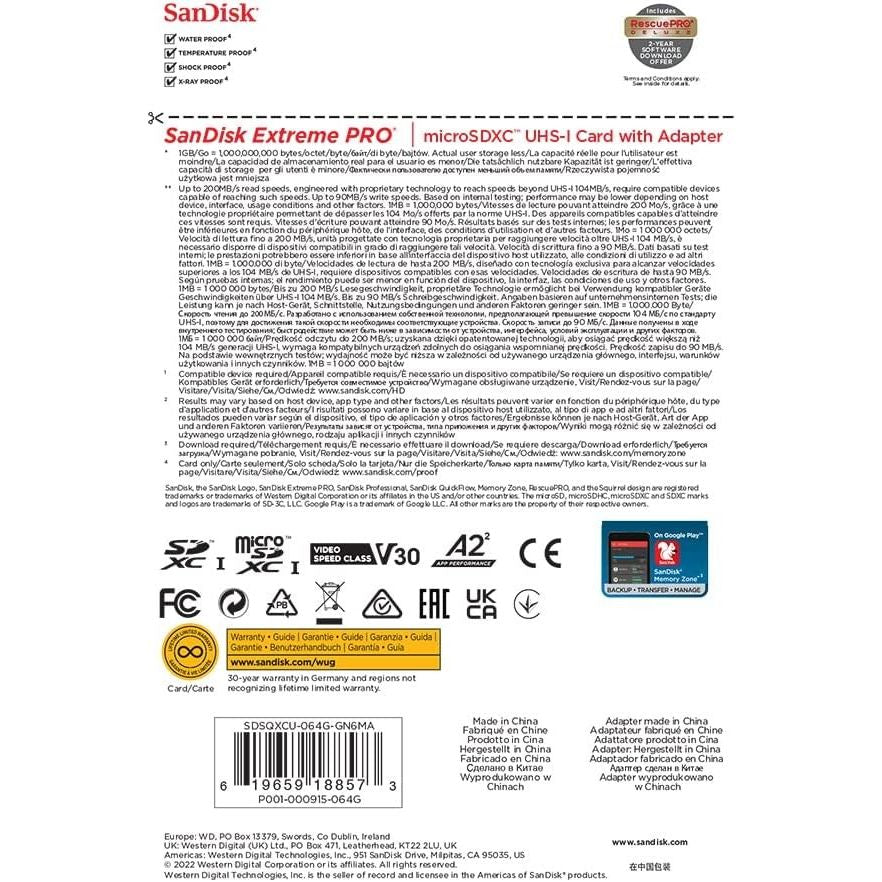 SanDisk micro SD Extreme PRO UHS-1 Con Adattatore (64GB) GARANZIA ITALIA 5 ANNI