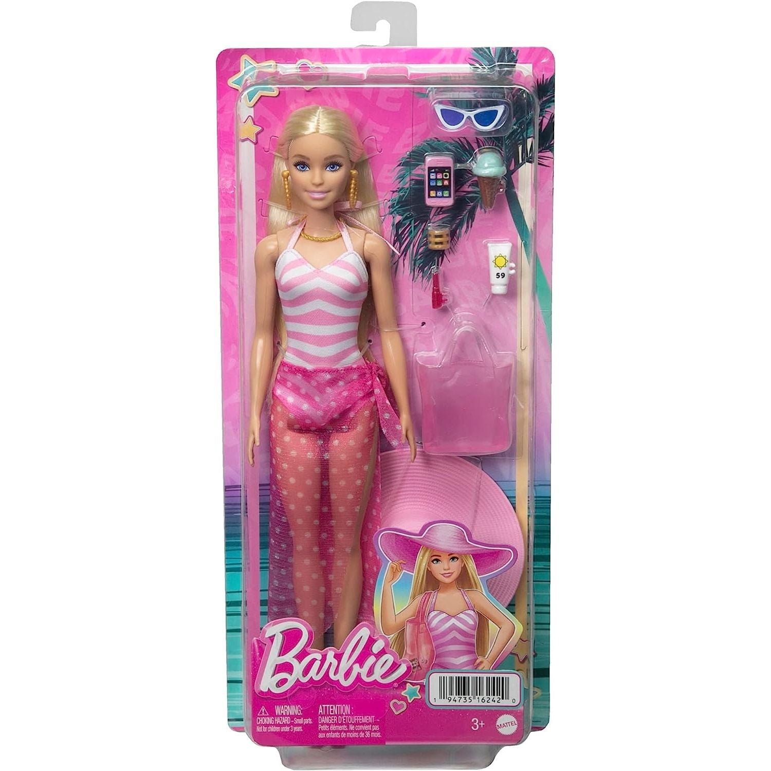 Barbie Bambola bionda con costume da bagno rosa e bianco