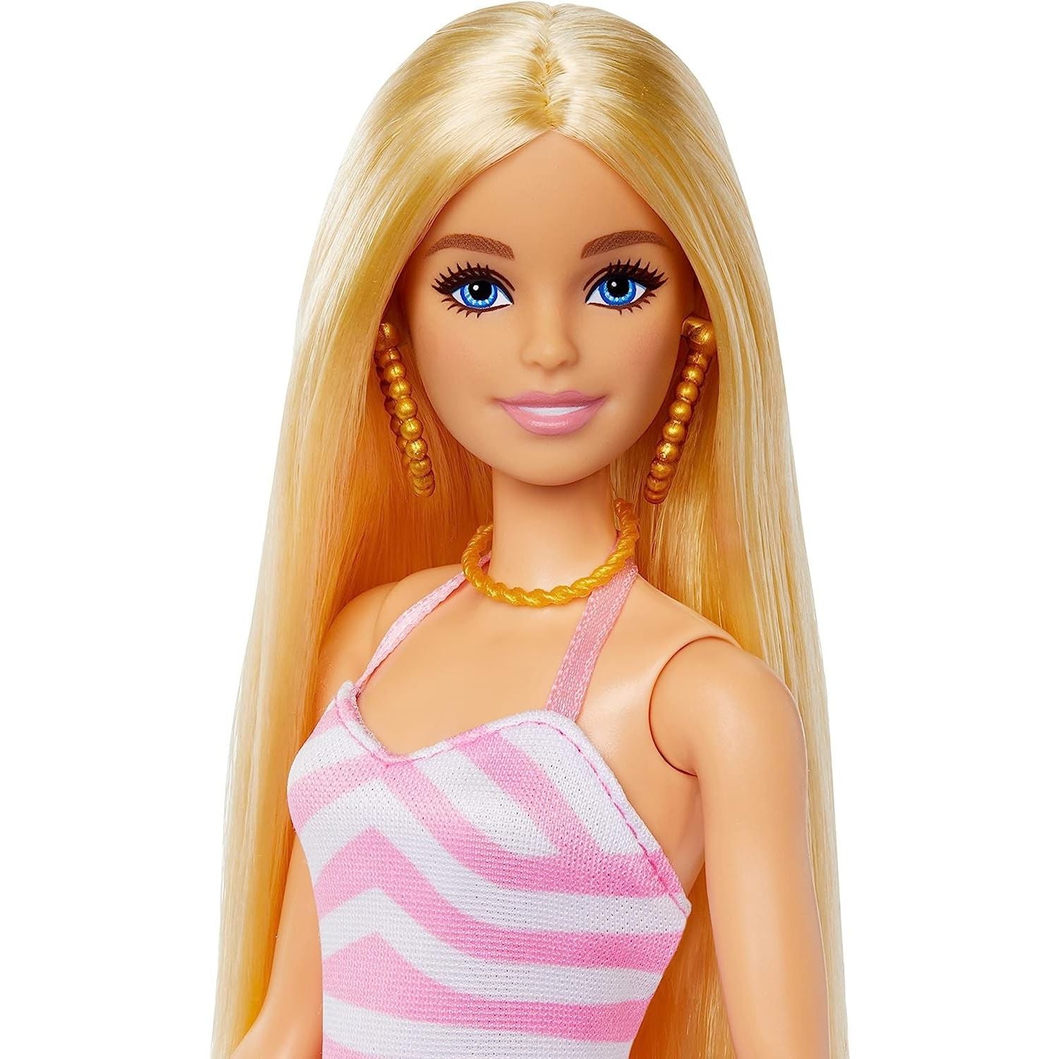 Barbie Bambola bionda con costume da bagno rosa e bianco