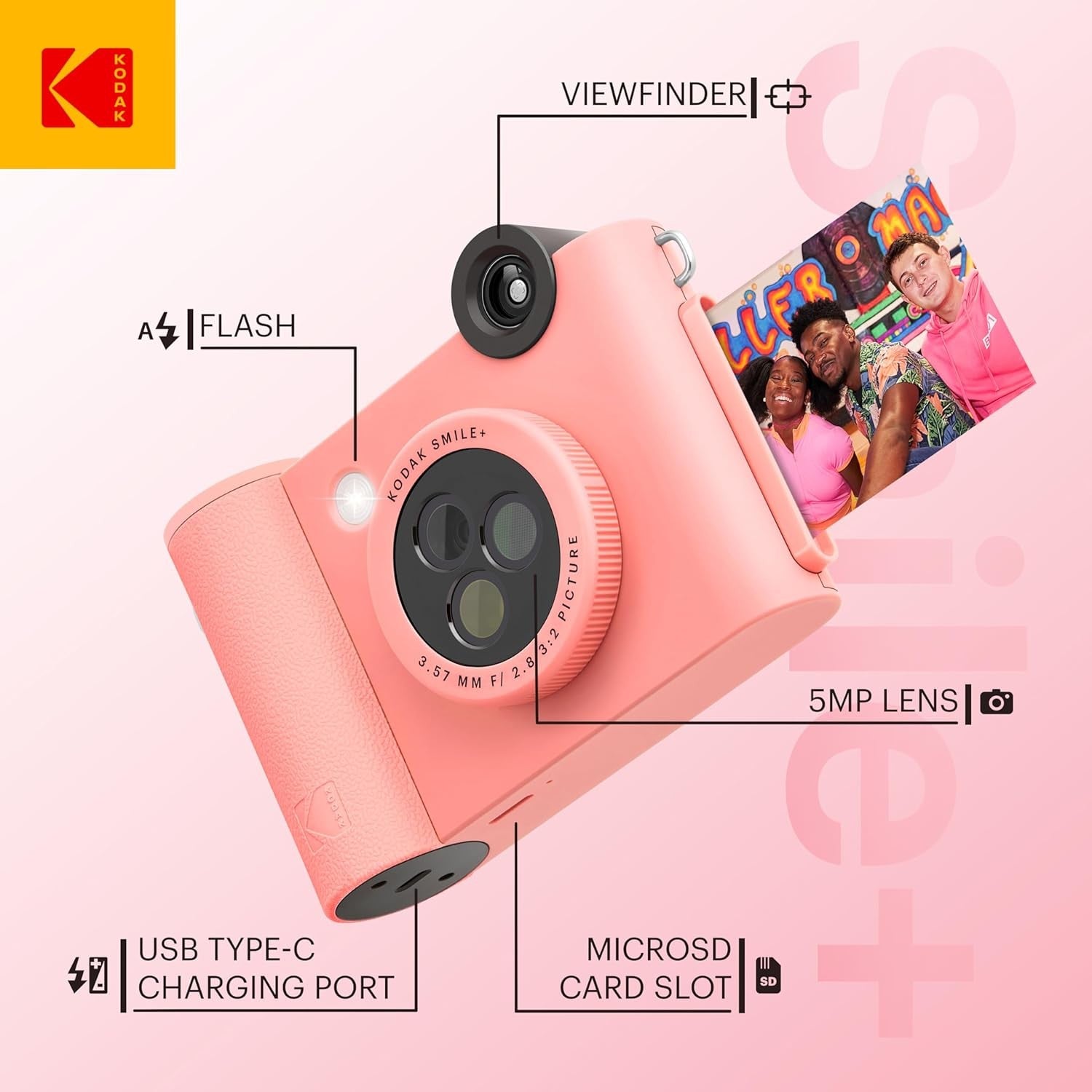 Kodak SMILE+ Pink GARANZIA ITALIA POLYPHOTO 2 ANNI
