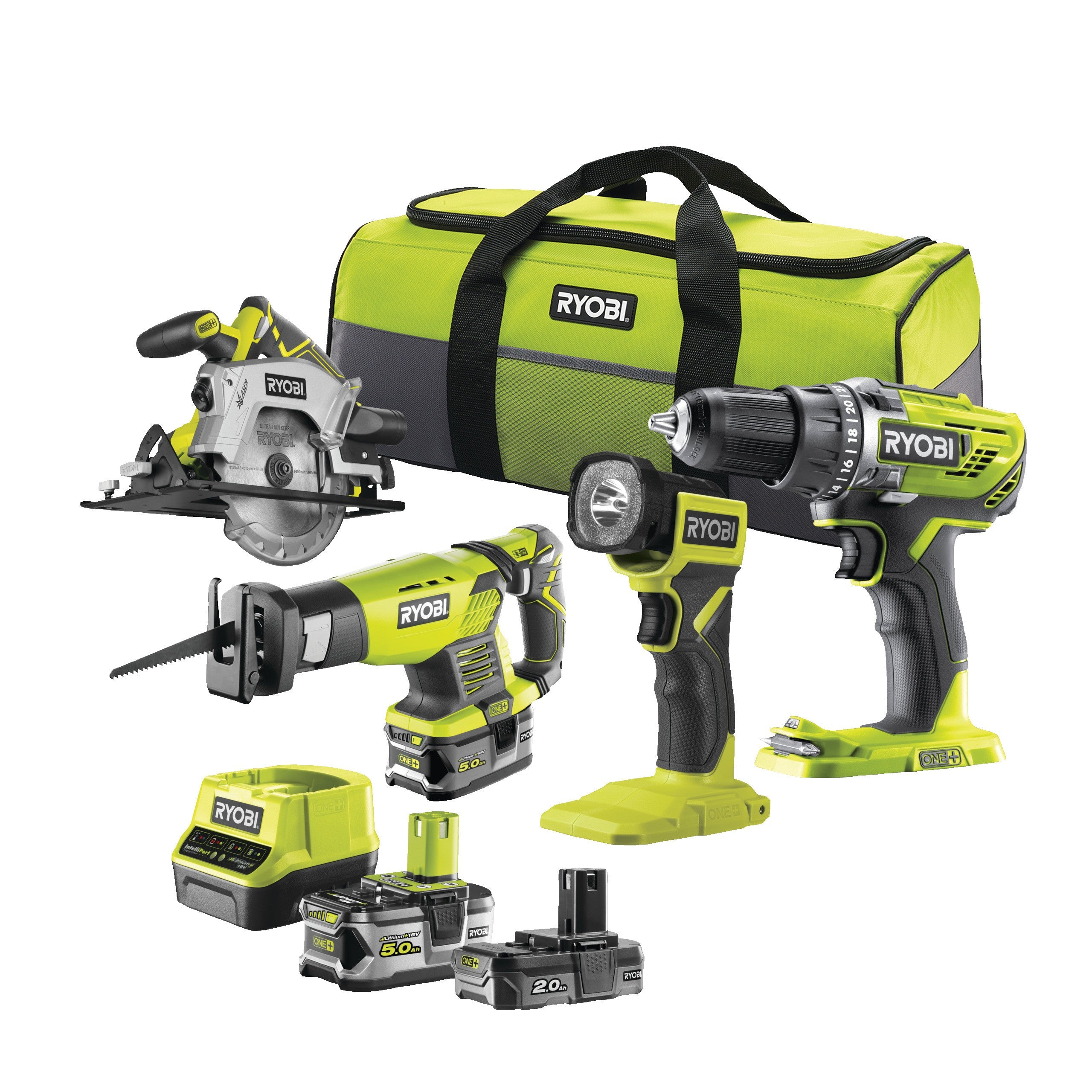 Ryobi Kit 4 Utensili Trapano Avvitatore Sega Circolare Sega a Gattuccio Torcia E Due Batterie