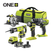 Ryobi Kit 4 Utensili Trapano Avvitatore Sega Circolare Sega a Gattuccio Torcia E Due Batterie