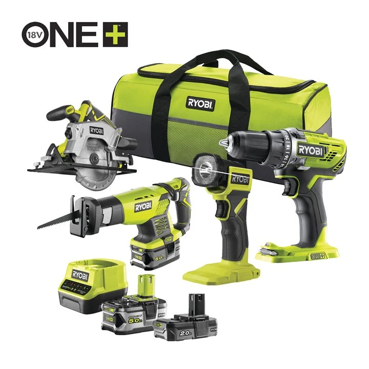 Ryobi Kit 4 Utensili Trapano Avvitatore Sega Circolare Sega a Gattuccio Torcia E Due Batterie