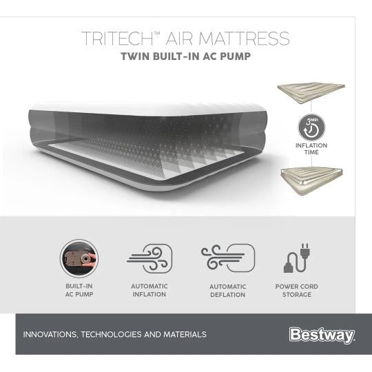 Bestway 67401 Airbed Tritech Bicolor Nero-Grigio Singolo Floccato Cm 191X97X46 Pompa Elettrica Integrata e Sacca