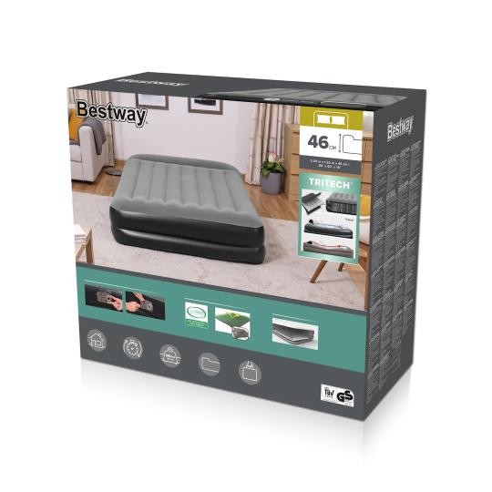 Bestway 67403 Airbed Tritech Bicolor Nero/Grigio Matrimoniale Plus Floccato Cm 203X152X46 Pompa Elettrica Integrata e Sacca