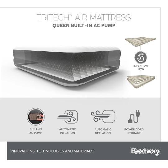 Bestway 67403 Airbed Tritech Bicolor Nero/Grigio Matrimoniale Plus Floccato Cm 203X152X46 Pompa Elettrica Integrata e Sacca