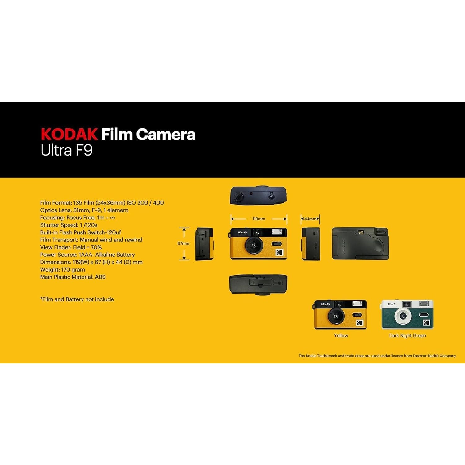 Kodak Film Camera Analogica Ultra F9 BLACK BODY/YELLOW GARANZIA UFFICIALE ITALIA 2 ANNI