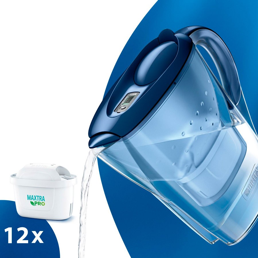 Brita Marella Cool Blu + 12 filtri Maxtra PRO All-in-1 , Caraffa filtrante a filtri intercambiabili