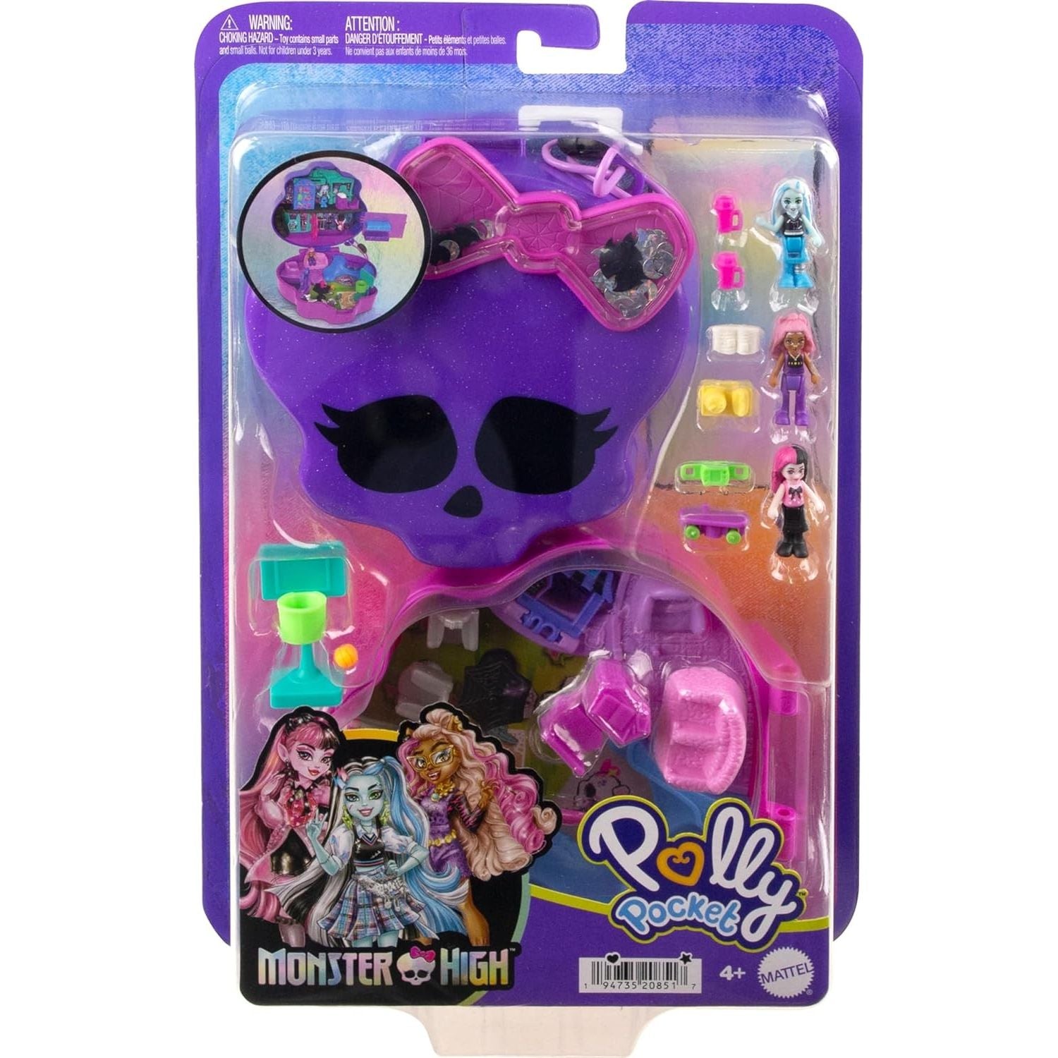 Polly Pocket Monster High Set Mostramiche, Playset Scuola Superiore con 3 Micro Bambole