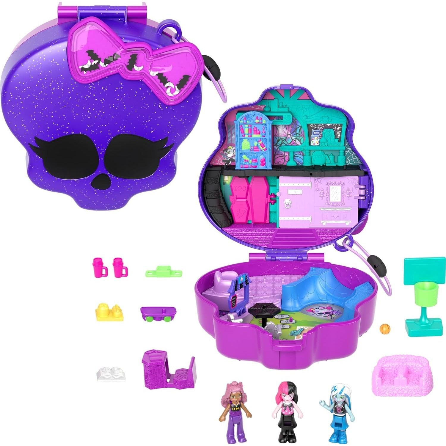 Polly Pocket Monster High Set Mostramiche, Playset Scuola Superiore con 3 Micro Bambole