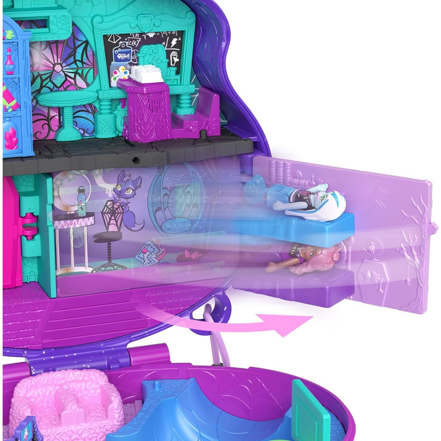 Polly Pocket Monster High Set Mostramiche, Playset Scuola Superiore con 3 Micro Bambole