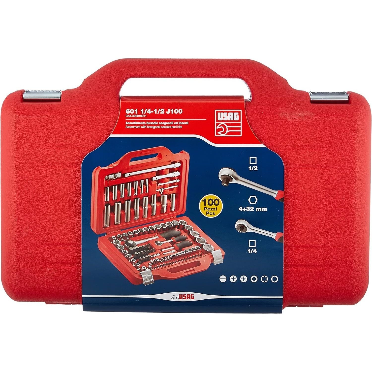 Usag Set Modulare con Bussole Esagonali e Inserti per Avvitatura 100 pezzi Mod. 601 1/4-1/2 J100