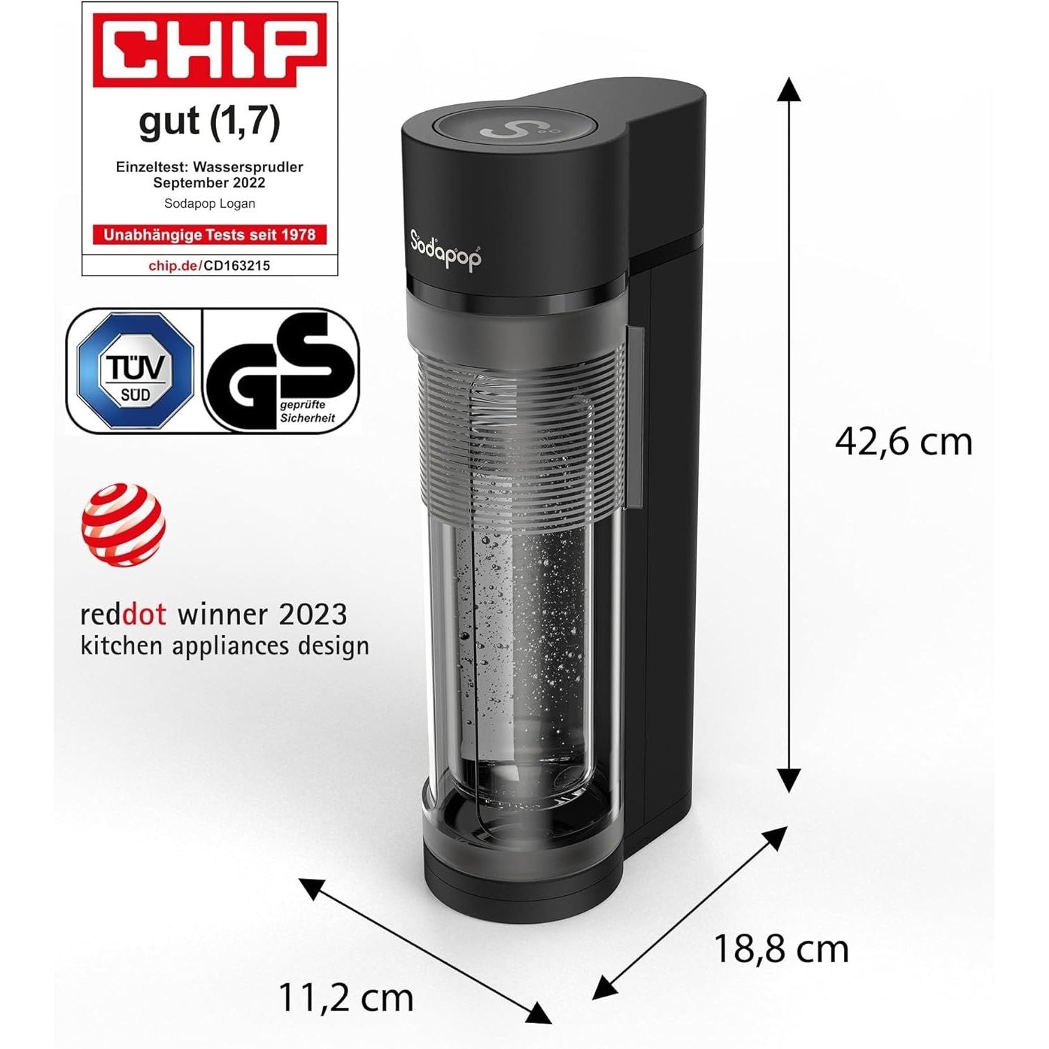 Sodapop Gasatore Logan Set Con Gasatore Cilindro Co2 e 3 Bottiglie di Vetro Da 1 Litro