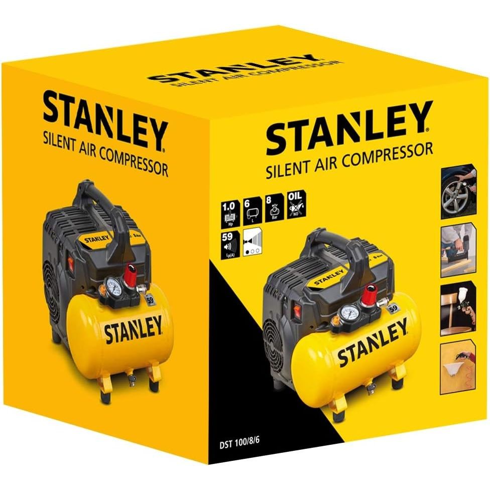 Stanley Compressore Aria Portatile Silenziato 8 Bar Serbatoio 6 Lt Con Maniglia e Piedini Antiscivolo