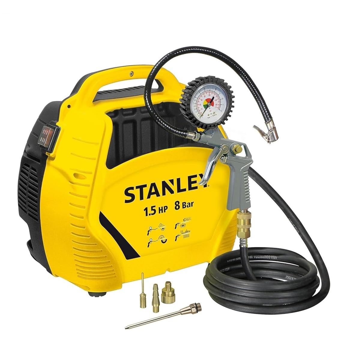 Stanley Air Kit Compressore Aria Elettrico Compatto E Portatile Motore 1.5 HP Potenza 8 Bar