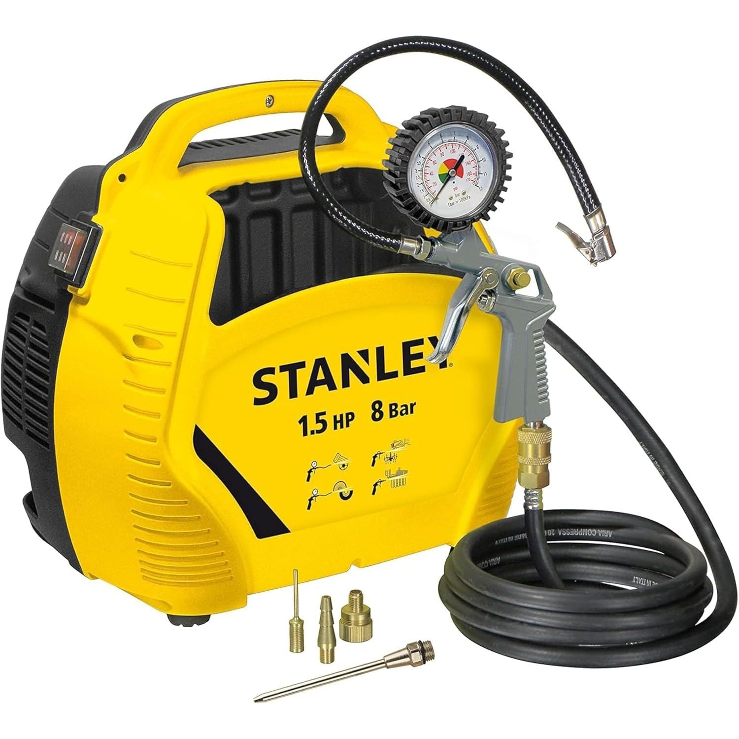 Stanley Air Kit Compressore Aria Elettrico Compatto E Portatile Motore 1.5 HP Potenza 8 Bar