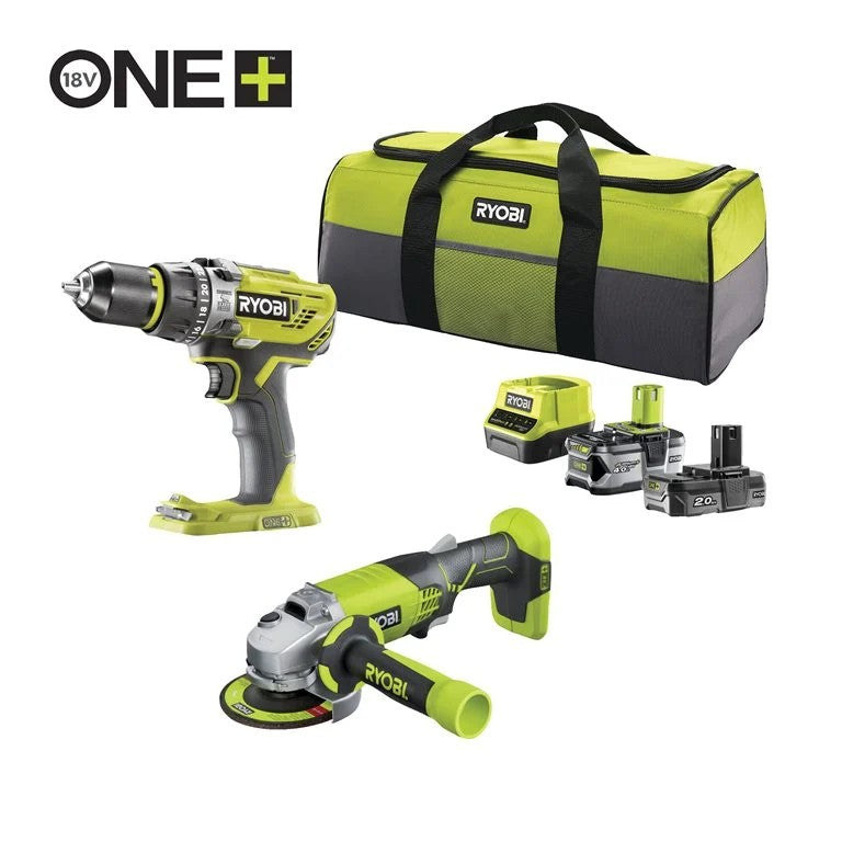 Ryobi Kit Trapano + Smerigliatrice + 2 batterie Lithium+ One+, 2.0 Ah + 4.0 Ah + Borsa da Trasporto