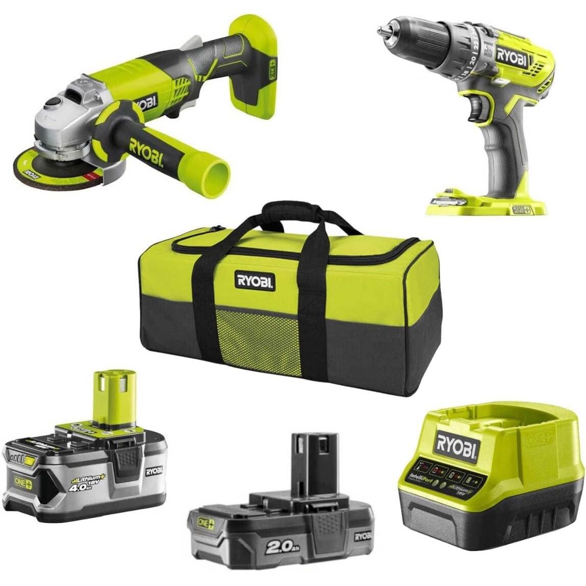 Ryobi Kit Trapano + Smerigliatrice + 2 batterie Lithium+ One+, 2.0 Ah + 4.0 Ah + Borsa da Trasporto