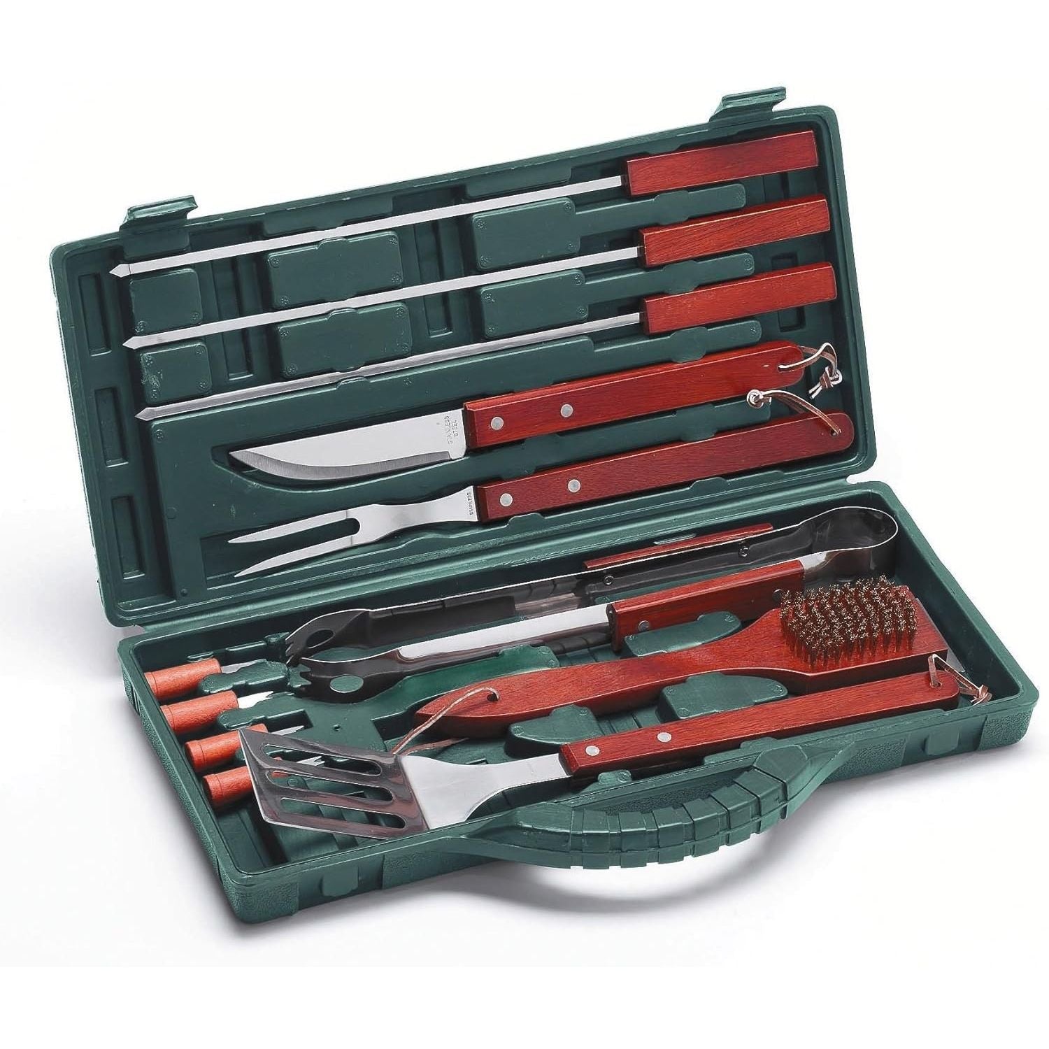 Ompagrill Set Utensili Barbecue 12 pezzi in Valigetta In Acciaio Inox e Manico In Legno Massello
