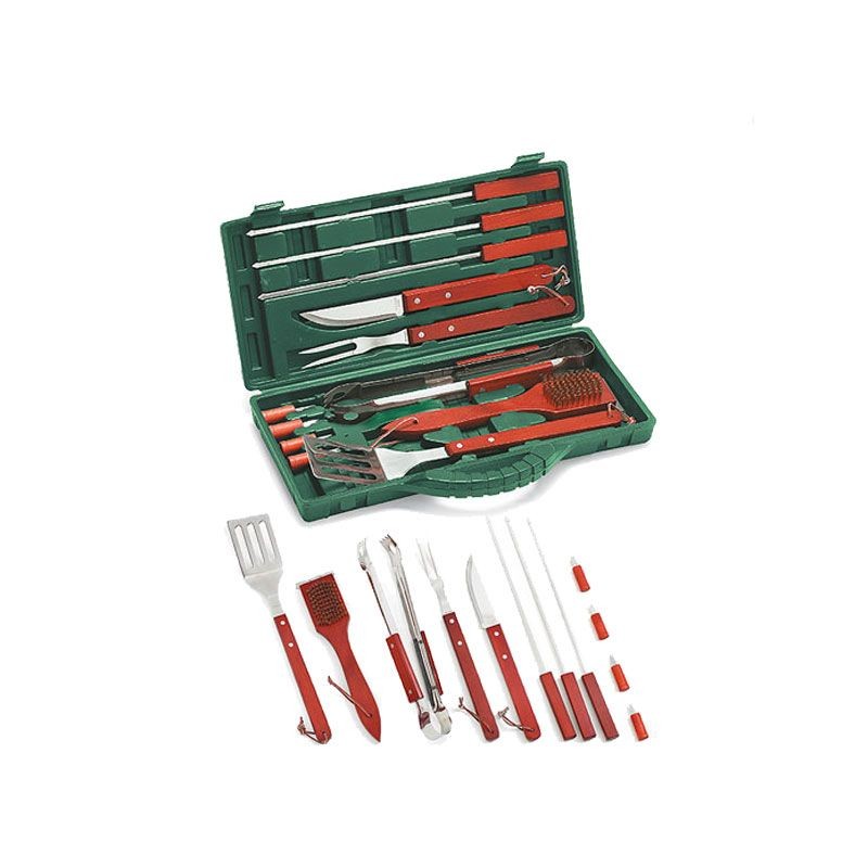 Ompagrill Set Utensili Barbecue 12 pezzi in Valigetta In Acciaio Inox e Manico In Legno Massello