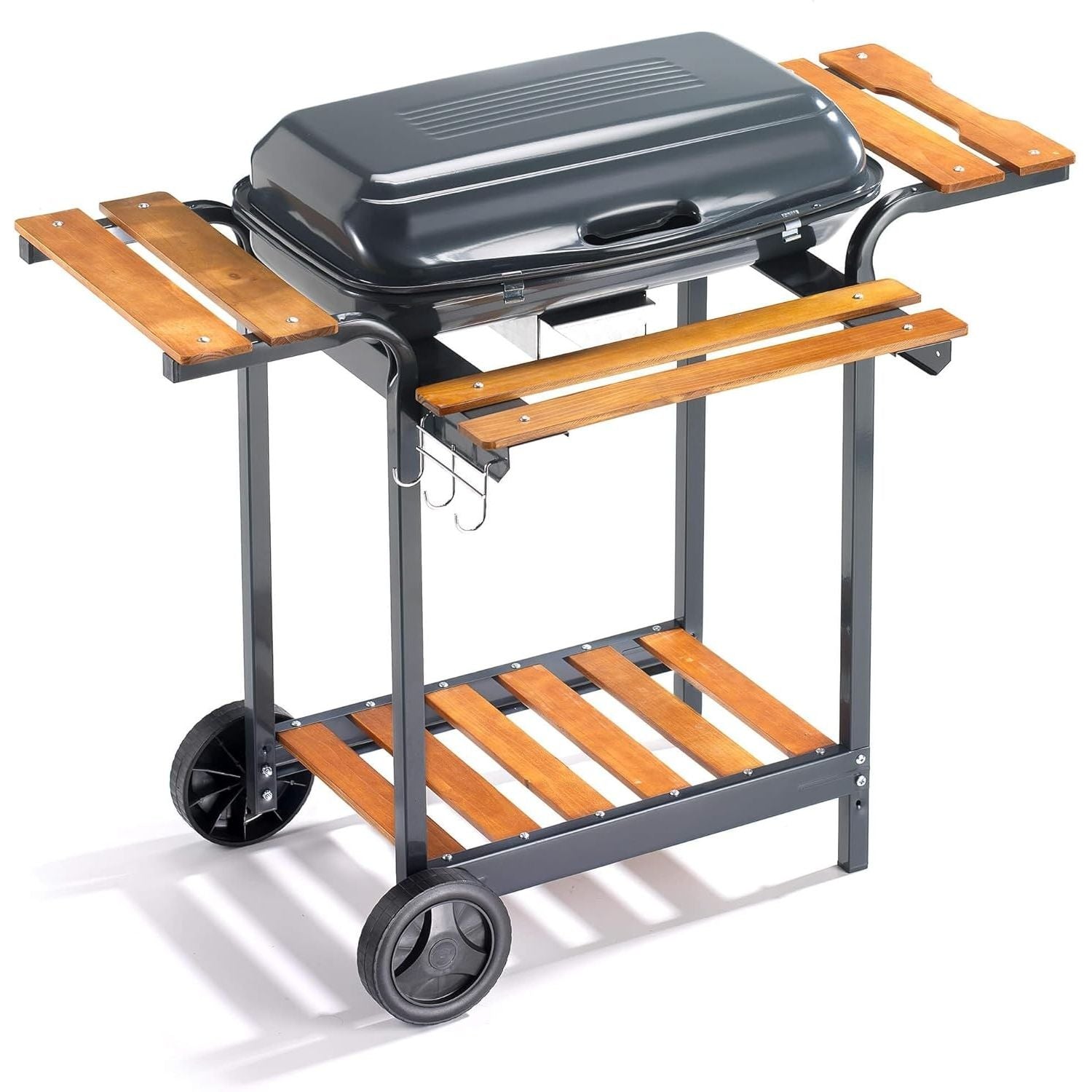 Ompagrill Barbecue A Carbonella Con Coperchio e Carrello Con Doghe In Legno Massello