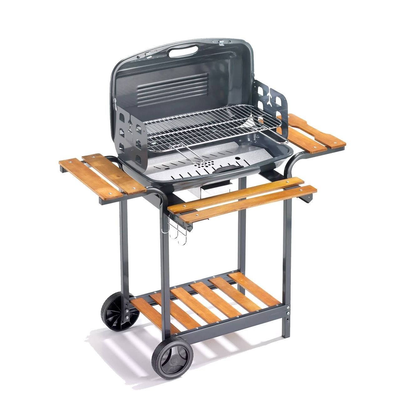 Ompagrill Barbecue A Carbonella Con Coperchio e Carrello Con Doghe In Legno Massello