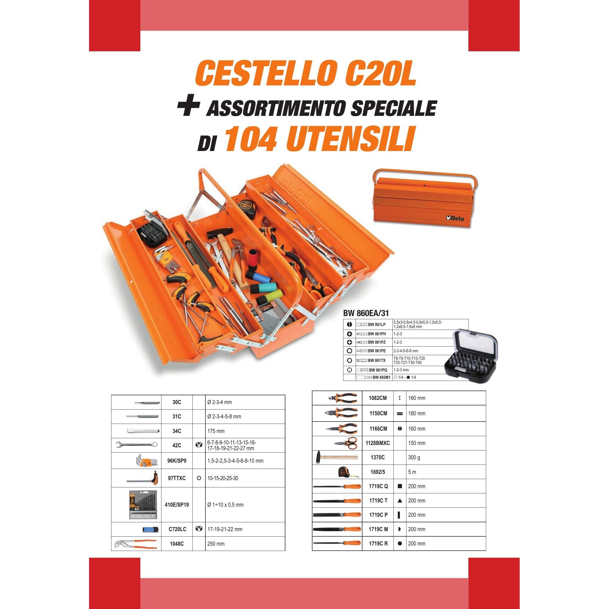 Beta Cassetta Porta Attrezzi In Metallo Con 104 Attrezzi Inclusi Per La Manutenzione Generale